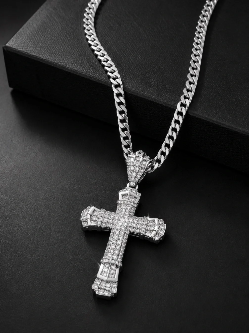 Mens Iced Out Cross Pendant 22” Cuban Chain Simulated Diamond VVS Stainless Stll